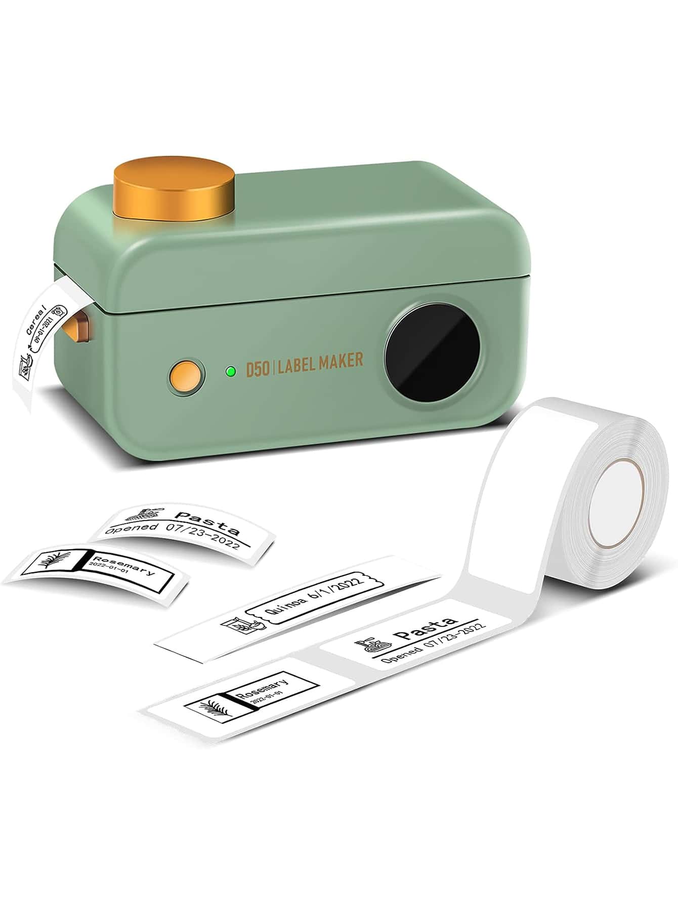 Phomemo 1 台 D50 大型标签机，配备 1 卷 20x50mm 贴纸热敏标签胶带，D50 便携式打印机兼容 3/5" 至 9/10"、16/20/24mm 宽度胶带，便携式热敏标签机，用于地址、存储、办公室的 BT 无线标签打印机，支持手机和平板电脑，Type-C 电缆可充电迷你标签打印机，通过 APP 无线连接手机和平板电脑，一键 DIY 打印，快速打印高分辨率热敏标签打印机，带切刀的口袋标签机，简单易用