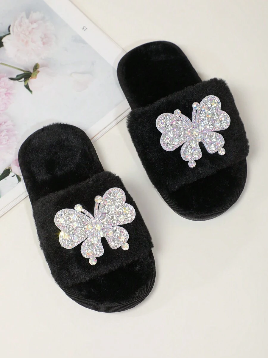 秋冬兒童時尚、舒適、百搭軟晶蝴蝶黑色字毛絨家居拖鞋 - 黑色 - 查看 1