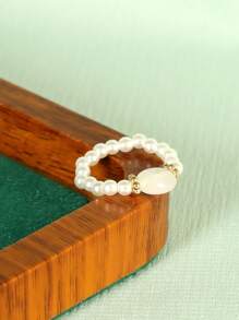 1個時尚簡約法式風格珍珠和石頭裝飾女戒指 - 白色石頭珍珠戒指 - 查看 1