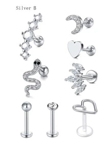 CIZME 1 Set (8 piezas) Pendientes de cartílago para mujeres, pendientes de moda para perforaciones de hélice y trago, fabricados en acero inoxidable con cristal artificial, circonita cúbica y aro labial, colores disponibles: plateado, dorado, rosa dorado y negro
