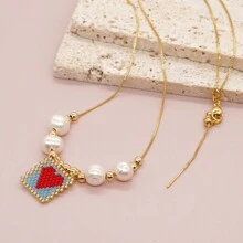 1 件优雅时尚人造珍珠项链手工制作可爱心形吊坠女士女孩夏威夷新款波西米亚风珠宝情人节 - 彩色 - 查看 8