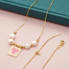 1 件优雅时尚人造珍珠项链手工制作可爱心形吊坠女士女孩夏威夷新款波西米亚风珠宝情人节 - 彩色 - 查看 9