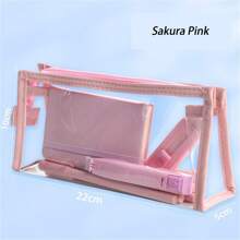 1 Pink New Highly Attractive Level Transparent PVC Pen Bag Students Wholesale Fashion Simple Stationery Storage Bag Simple Transparent Large Capacity Stationery Bag - Pink - View 2