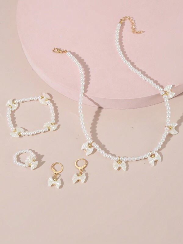 5pcs/set Pearl Butterfly Necklace, Bracelet, Earrings, 2 Rings For Teen Girls