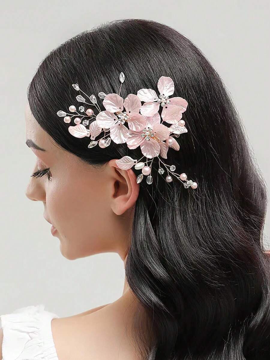 1 女款简约百搭小花超级仙女仿珍珠水晶串珠发夹 - 粉色 - 查看 1