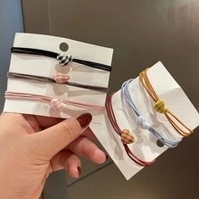 5pcs Simple & Cute Fabric Heart Hair Ties: Square Hair Ties, Circular Star Hair Ties & Elastic Hair Ties (3-In-1) - Coffee Line Love - View 2