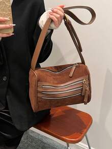 多層多口袋女用斜背包,可調式肩帶,拉鍊閉合,非常適合旅行、購物、聚會、時尚休閒 - 咖啡棕 - 查看 2