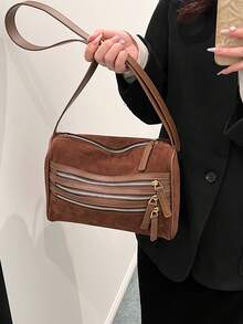 多層多口袋女用斜背包,可調式肩帶,拉鍊閉合,非常適合旅行、購物、聚會、時尚休閒 - 咖啡棕 - 查看 4