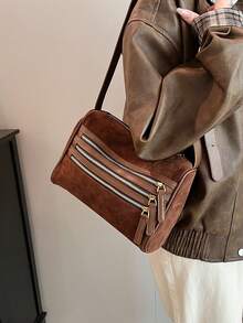 多層多口袋女用斜背包,可調式肩帶,拉鍊閉合,非常適合旅行、購物、聚會、時尚休閒 - 咖啡棕 - 查看 5