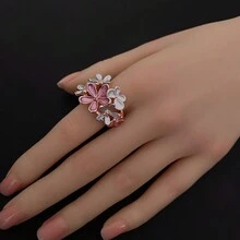 HaiDiLa 1只時尚的法式搪瓷和油滴花卉裝飾彈性戒指,適合日常穿著、假期和派對 - 玫紅色 - 查看 5