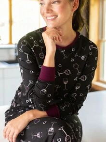 女士睡衣套裝,長袖褲,黑色酒杯印花家居服,2件套,適合室內外穿著,秋冬季節舒適 - 彩色 - 查看 4