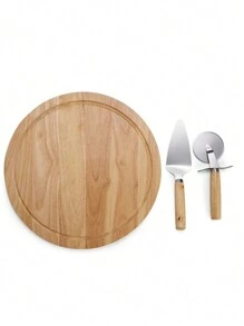 Kit Pizza 3 Peças. Bandeja, Espátula e  Cortador. Bambu e Inox - Marrom Claro - Visão 6