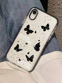 1pc Black Butterfly & English Letters Pattern Acrylic Phone Case, Compatible With Apple Models - Black and White - View 2