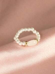 1個時尚簡約法式風格珍珠和石頭裝飾女戒指 - 白色石頭珍珠戒指 - 查看 4