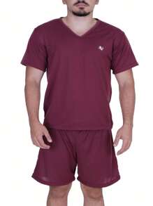 Men's Short Pajama Set - Adult Short-Sleeved V-Neck Shirt And Shorts - Burgundy - View 2