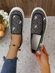 鑲嵌水晶的女士休閒步行鞋,時尚運動鞋,舒適的平底運動鞋,低幫保護性聚會鞋,閃亮紋理和水晶花紋 - 黑色 - 查看 2