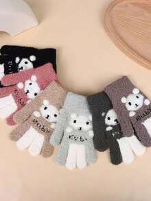 1 Pair Children's Knitted Five Finger Gloves For Boys And Girls, Partitioned Finger Warm Gloves, Cartoon Baby Gloves - Coffee Brown - View 2