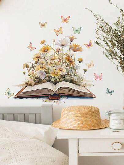 1 件创意美观的书菊花蝴蝶墙贴，贴纸，墙贴花，乙烯基贴花，用于家居装饰，春季装饰品让您的家焕然一新，拉玛装饰贴纸礼物生日毕业
