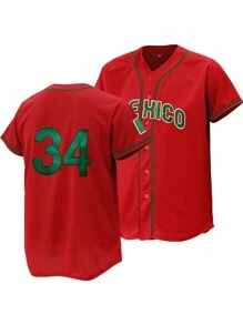 Camiseta De Béisbol #34 Para Hombres, Camiseta De Manga Larga Deportiva Con Botón Rojo Y Bordado, Ropa De Gimnasia Para Hombres