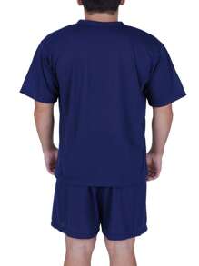 Men's Short Pajama Set - Adult Short-Sleeved V-Neck Shirt And Shorts - أزرق بحري - مشاهدة 3
