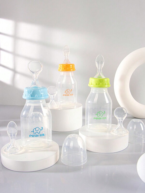 1 Set Botella de alimentación de bebé con cabezal de cuchara de silicona, Body de botella de PP 120ml/4oz, adecuado para la alimentación complementaria de infantes con cabezales de cucharas de diferentes tamaños