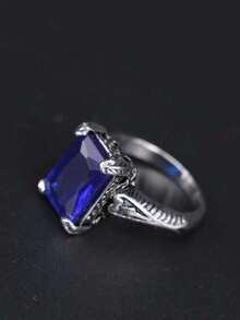 1個歐美復古藍寶石嵌入矩形時尚男士戒指,適合日常穿戴 - 復古銀色 - 查看 2