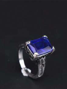 1個歐美復古藍寶石嵌入矩形時尚男士戒指,適合日常穿戴 - 復古銀色 - 查看 3