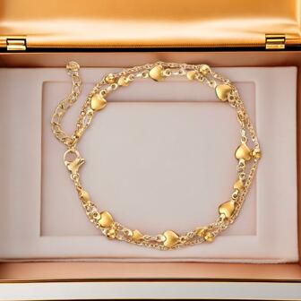 1 Piece Of Stainless Steel Plated With 18k , Light Luxury, Fashionable Elegant, Cool And Personality, Round Bead Love Double-Layer Bracelet, Stacked Chain, Suitable For Daily Wear By Women