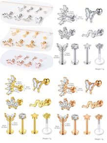 CIZME 1 Set (8 piezas) Pendientes de cartílago para mujeres, pendientes de moda para perforaciones de hélice y trago, fabricados en acero inoxidable con cristal artificial, circonita cúbica y aro labial, colores disponibles: plateado, dorado, rosa dorado y negro