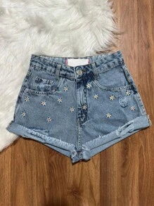 Women Denim Shorts - 中等水洗藍 - 查看 3