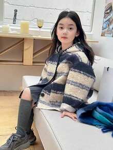女童时尚条纹连帽外套，秋冬保暖