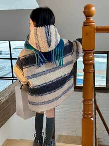 女童时尚条纹连帽外套，秋冬保暖