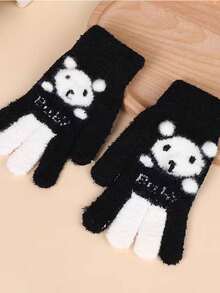1 Pair Of Children's Knitted Gloves, Fall Winter, Girls' Cartoon Five Finger Convertible Gloves, Boys' Warm Full Finger Gloves, Baby Winter Hand Wear - Black - View 1