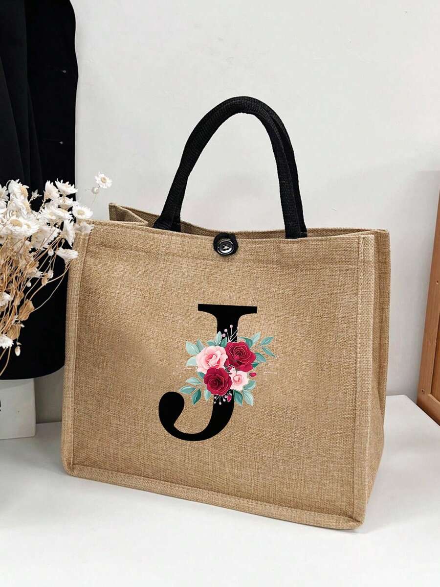 1入組麻質花朵字母手提包,大容量手提袋、旅行袋、週末袋、個性化禮品袋、創意聖誕印花麻質手提袋,適用於教師感謝禮、聖誕禮物袋、女士麻質高容量手提袋、畢業禮物、時尚麻質手提袋、學校禮物,輕量化麻質購物袋、聖誕禮物彩色花紋手提袋,前衛手提袋,個人使用或作為禮物、教師禮物、女孩校袋、聖誕裝飾完美假期公事包,時尚手提袋學校禮物、海灘度假、假日禮物袋、派對手提袋,適用於旅行、日常通勤、商務 - 卡其色 - 查看 1