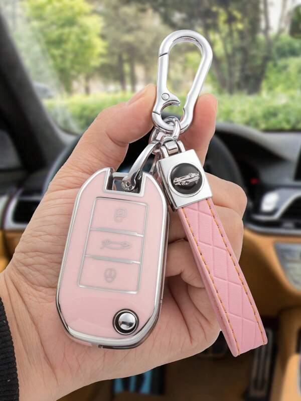 3pcs Compatible With Peugeot TPU Soft Shell Key Case + Leather Keychain With Screwdriver Set, Suitable For Peugeot Folding 3-Button Car Key