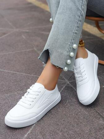 Women's White Casual Athletic Skateboarding Shoes, Student Shoes, Sneakers
