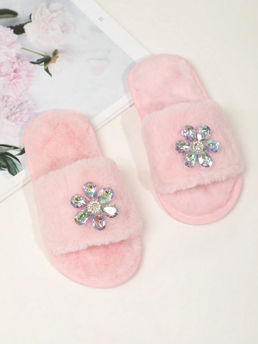 秋冬時尚舒適百搭柔軟水晶粉紅毛茸茸軟底兒童室內拖鞋 - 淺粉色 - 查看 1