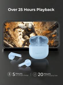 Havit Tw976 真無線耳機,具有智能觸控功能的立體聲音效,天空藍色,25小時播放時間,輕量舒適設計的耳塞,type-c接口,送禮絕佳選擇 - 藍色 - 查看 5