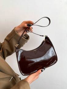 复古包时尚 PU 皮革亮面腋下包、手提包、新月包、面包包，适合女士休闲通勤、单肩包、手机包 - 咖啡棕 - 查看 2