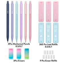Śliczny zestaw ołówków mechanicznych, 6 SZTUK pastelowych ołówków mechanicznych 0,5 mm i 0,7 mm z 360 SZTUKAMI ołówków HB, 3 SZTUKAMI gumek i 9 SZTUK wkładów gumek, estetyczne ołówki mechaniczne dla dziewcząt piszących, odpowiednie dla uczniów, studentów, uniwersytetów