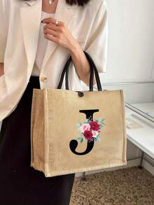 1入組麻質花朵字母手提包,大容量手提袋、旅行袋、週末袋、個性化禮品袋、創意聖誕印花麻質手提袋,適用於教師感謝禮、聖誕禮物袋、女士麻質高容量手提袋、畢業禮物、時尚麻質手提袋、學校禮物,輕量化麻質購物袋、聖誕禮物彩色花紋手提袋,前衛手提袋,個人使用或作為禮物、教師禮物、女孩校袋、聖誕裝飾完美假期公事包,時尚手提袋學校禮物、海灘度假、假日禮物袋、派對手提袋,適用於旅行、日常通勤、商務 - 卡其色 - 查看 2