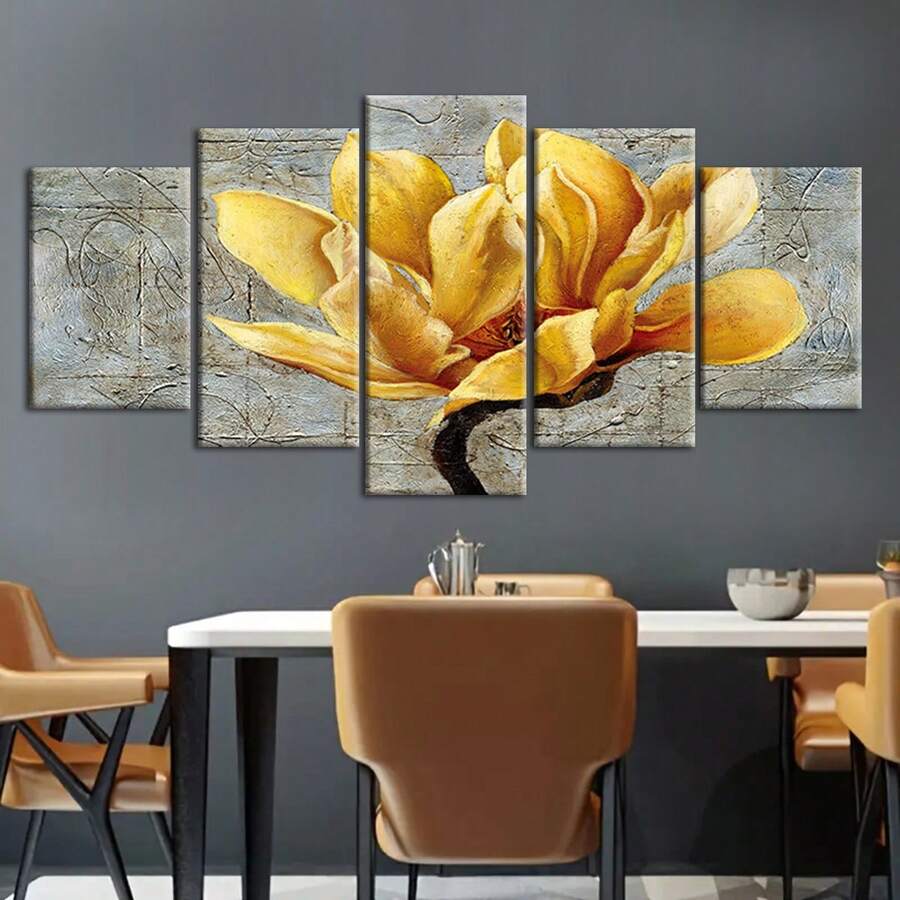 五片組金色花卉抽象線條藝術畫布畫 - 無框,牆藝,家居裝飾,創意禮物,家庭牆面裝飾,豪華客廳臥室辦公室餐廳裝飾牆藝