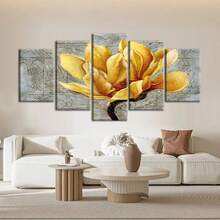 五片組金色花卉抽象線條藝術畫布畫 - 無框,牆藝,家居裝飾,創意禮物,家庭牆面裝飾,豪華客廳臥室辦公室餐廳裝飾牆藝