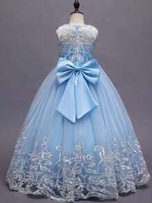 女童蕾丝花童礼服，儿童婚礼伴娘生日派对节日礼服，舞会毕业酒会礼服，夏季 - 淺色水洗藍 - 查看 3