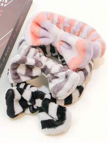 1pc Colorful Striped Hairband, Soft Plush Headband, Bowtie Hair Hoop For Toddler Girls' Washing Face & Makeup & Bath & Party & Pajamas, Adjustable - Black - View 5