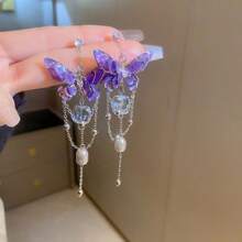 1pair 925 Silver Pin Dangle Earrings With Rhinestone, Crystal, Pearl & Butterfly Design, Sweet Style With Long Tassels, Suitable For Women's Daily Jewelry, Festival Gift - Purple - View 2