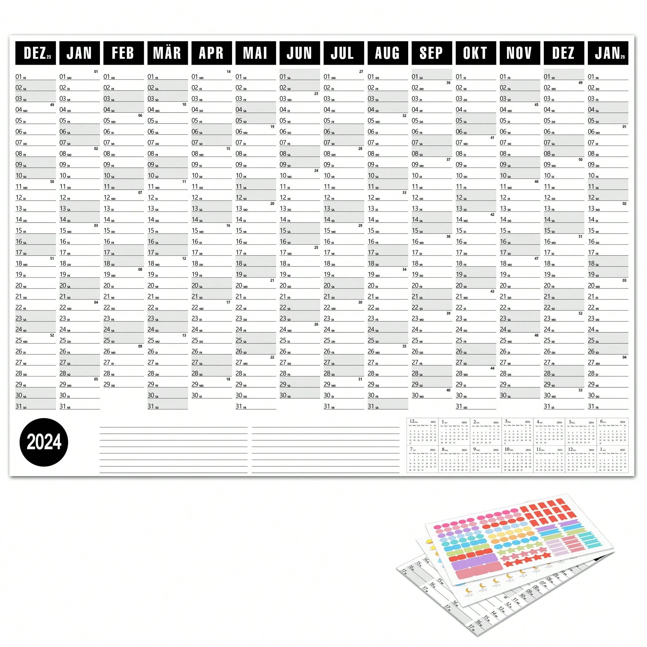 2024 Wall Planner Calendar, 52.5x74.2cm, Full Year View Runs from
