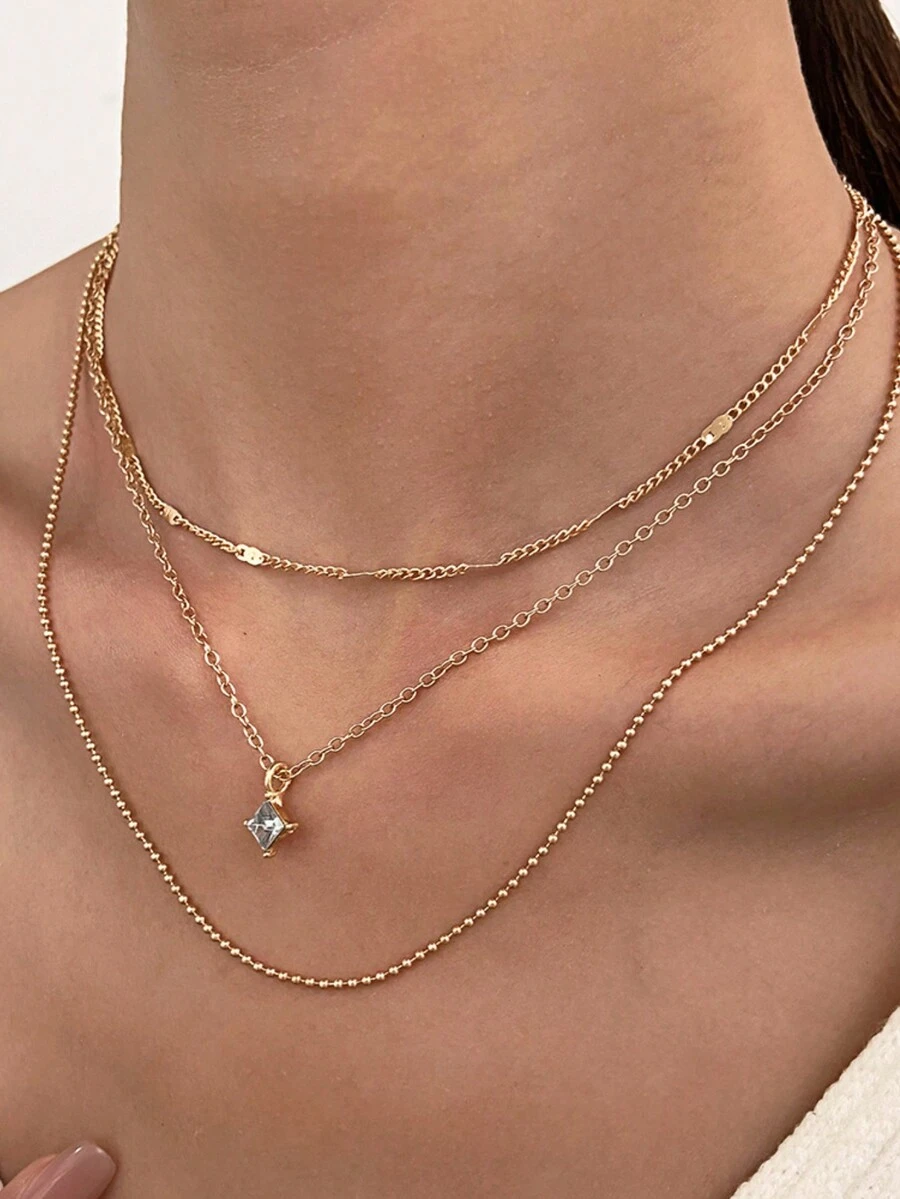 1入組新款時尚幾何水鑽吊墜分層項鍊適合女士裝扮配飾 - 金黃色 - 查看 1