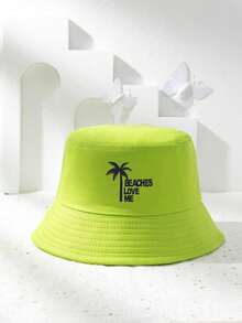1入組中性風格荧光绿色印花“Beachesloveme”漁夫帽，適用於運動和日常通勤的户外防曬帽 - 綠色 - 查看 1