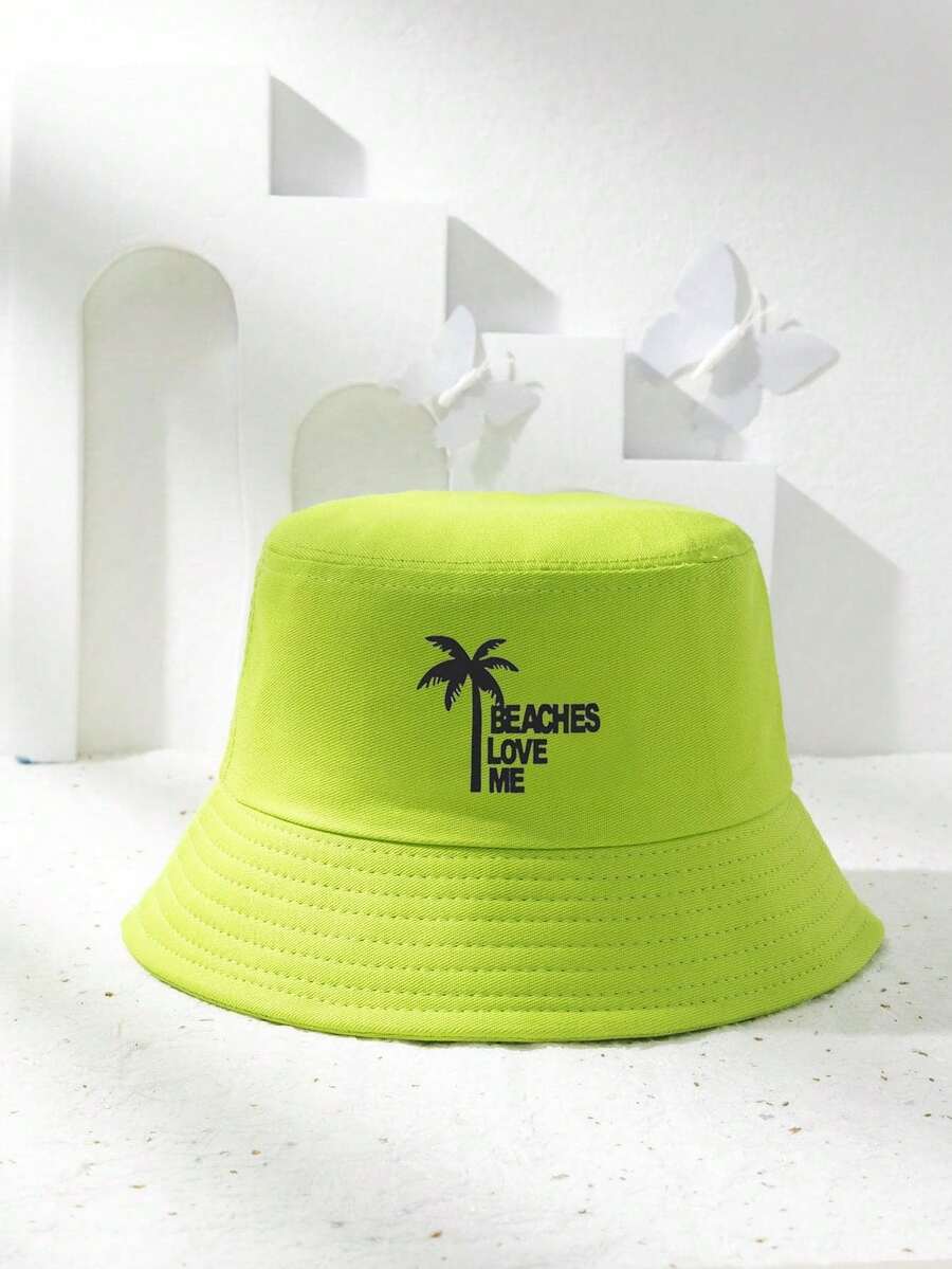 1入組中性風格荧光绿色印花“Beachesloveme”漁夫帽，適用於運動和日常通勤的户外防曬帽 - 綠色 - 查看 1